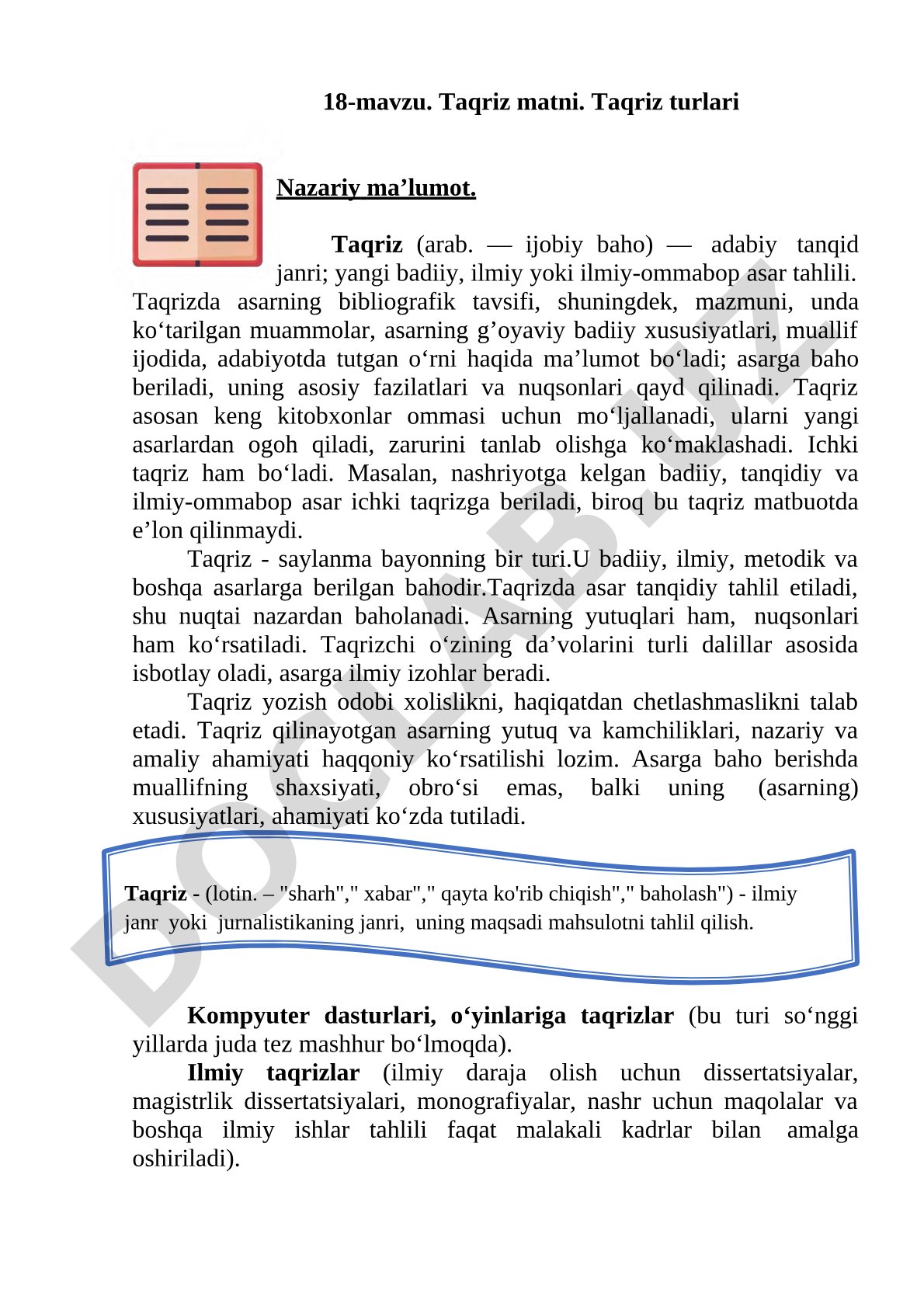 Taqriz matni va taqriz turlari