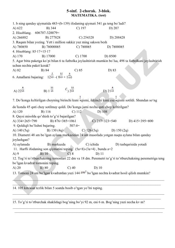5-sinf matematika test savollari