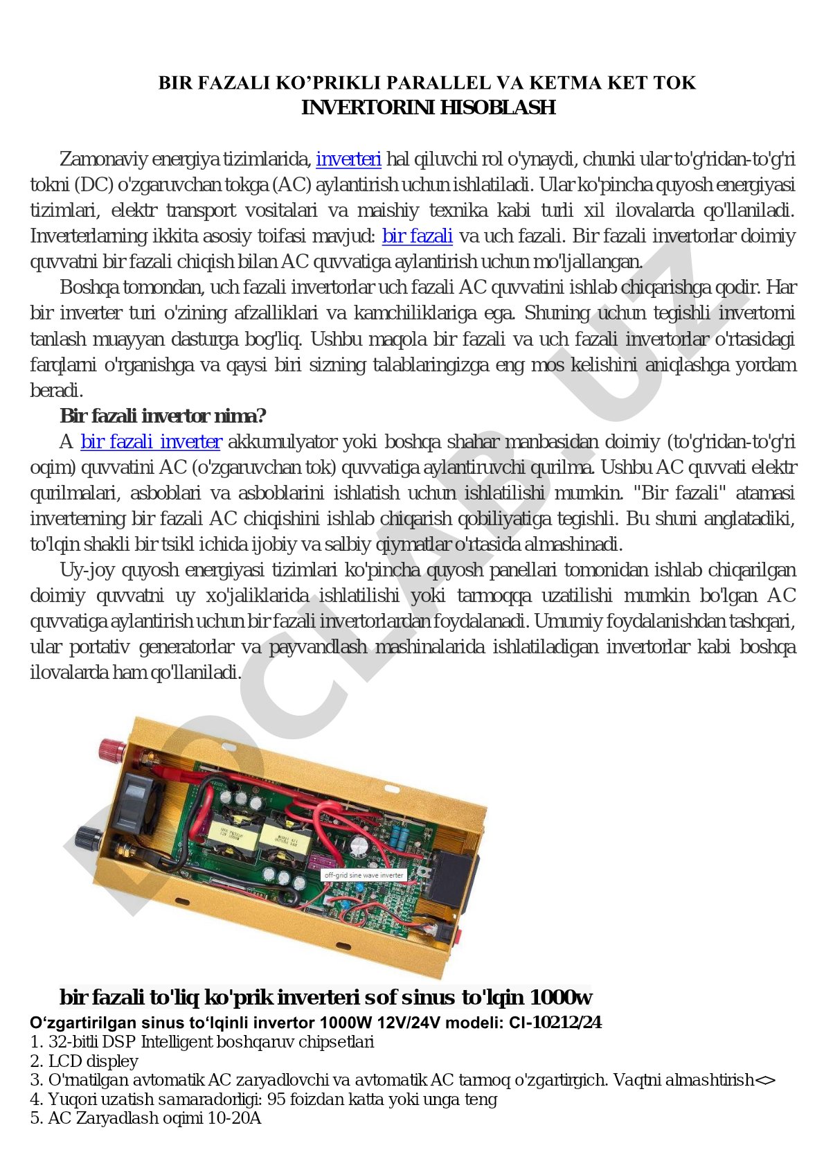 Bir fazali ko'prikli parallel va ketma-ket tok invertorini hisoblash