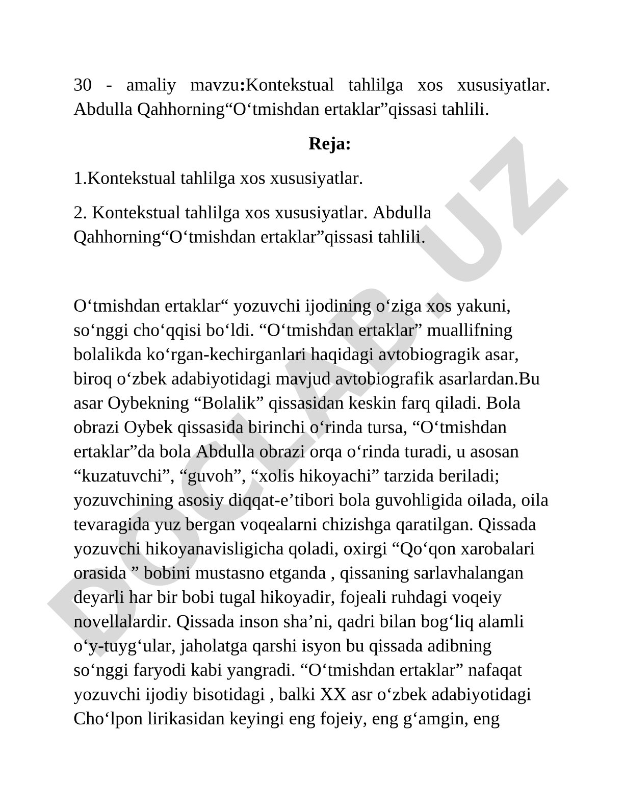 Kontekstual tahlilga xos xususiyatlar. Abdulla Qahhorning “O‘tmishdan ertaklar” qissasi tahlili.