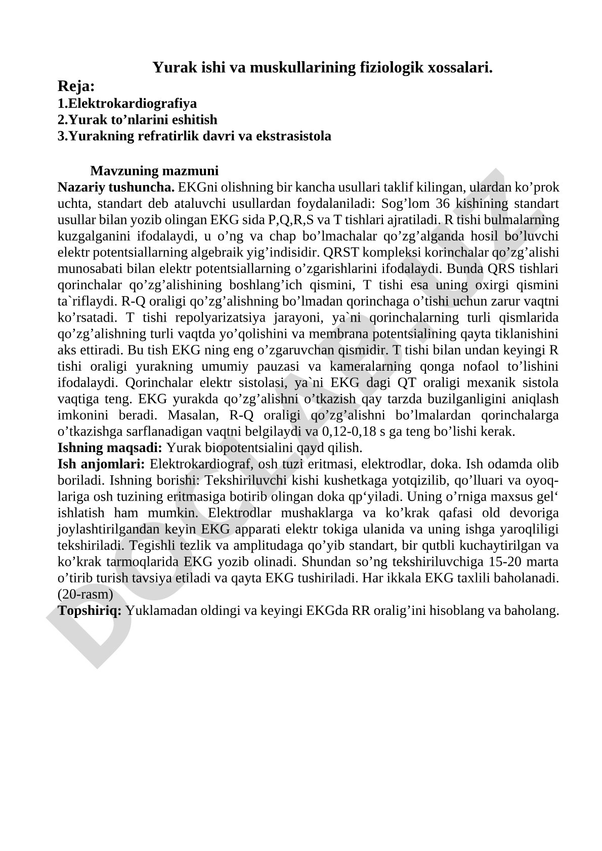 Yurak ishi va muskullarining fiziologik xossalari