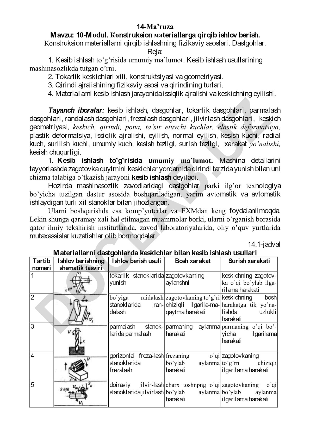 10-Modul. Konstruksion materiallarga qirqib ishlov berish va uning fizikaviy asoslari