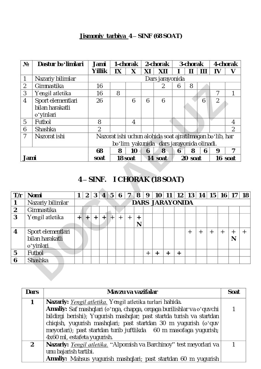 4-sinf jismoniy tarbiya dasturi va dars ishlanmalari