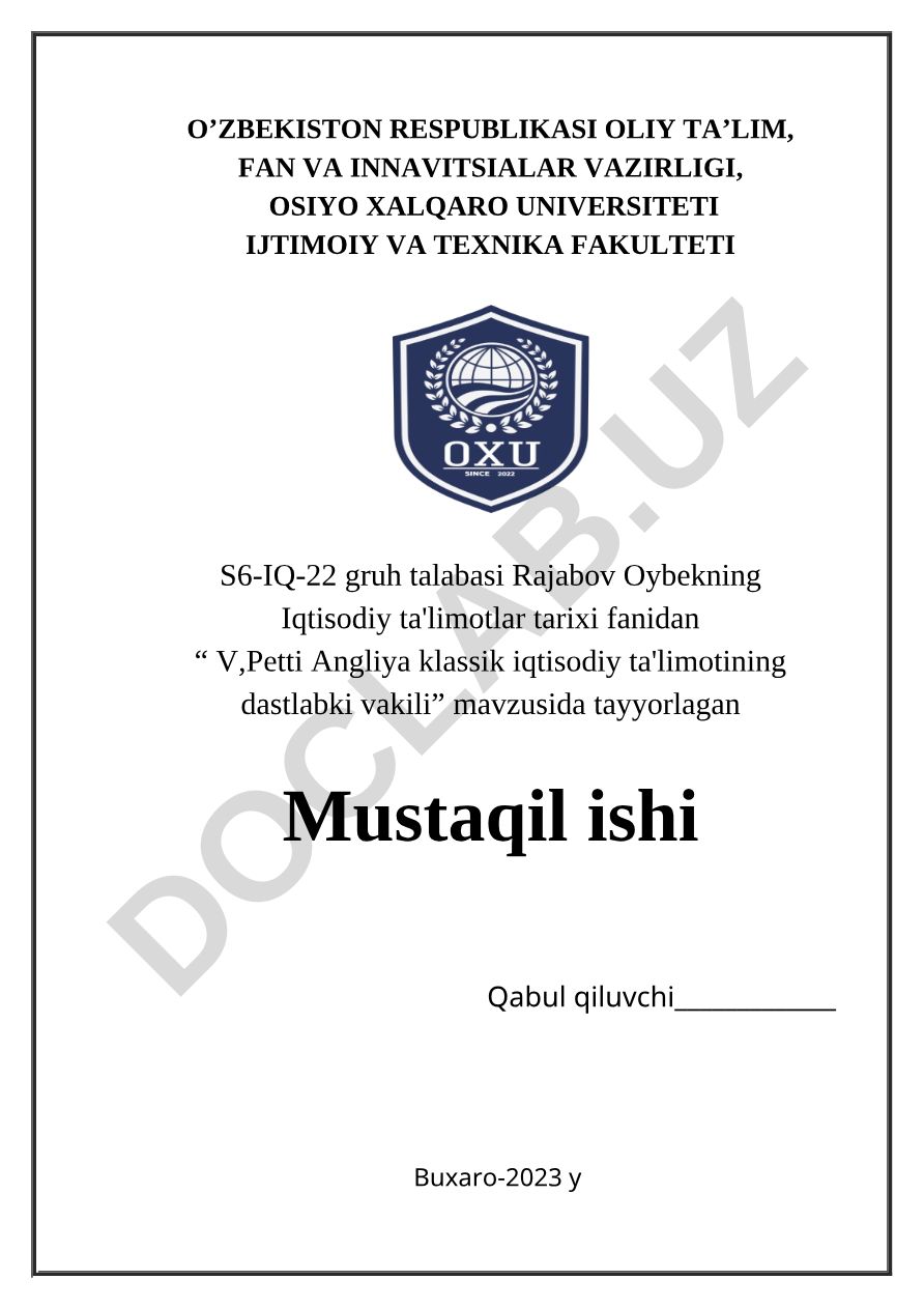 V,Petti Angliya klassik iqtisodiy ta'limotining dastlabki vakili