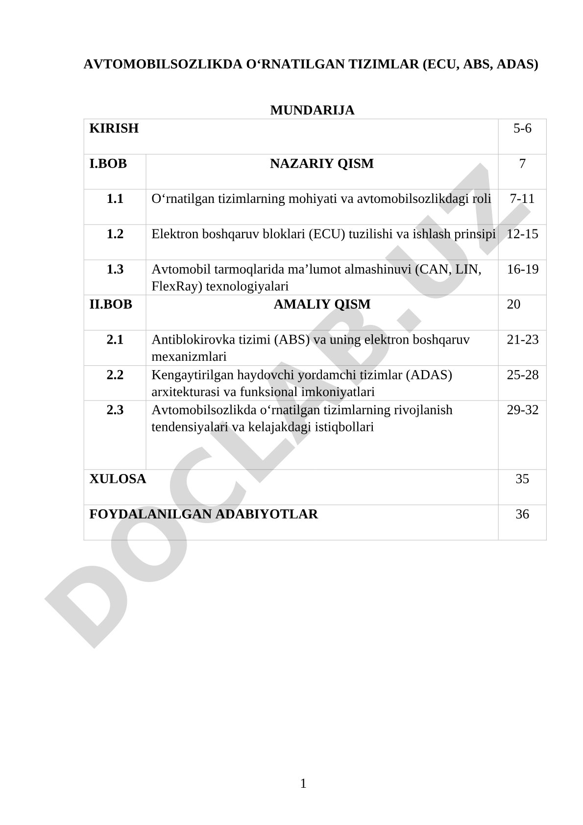 Avtomobilsozlikda o‘rnatilgan tizimlar (ECU, ABS, ADAS)