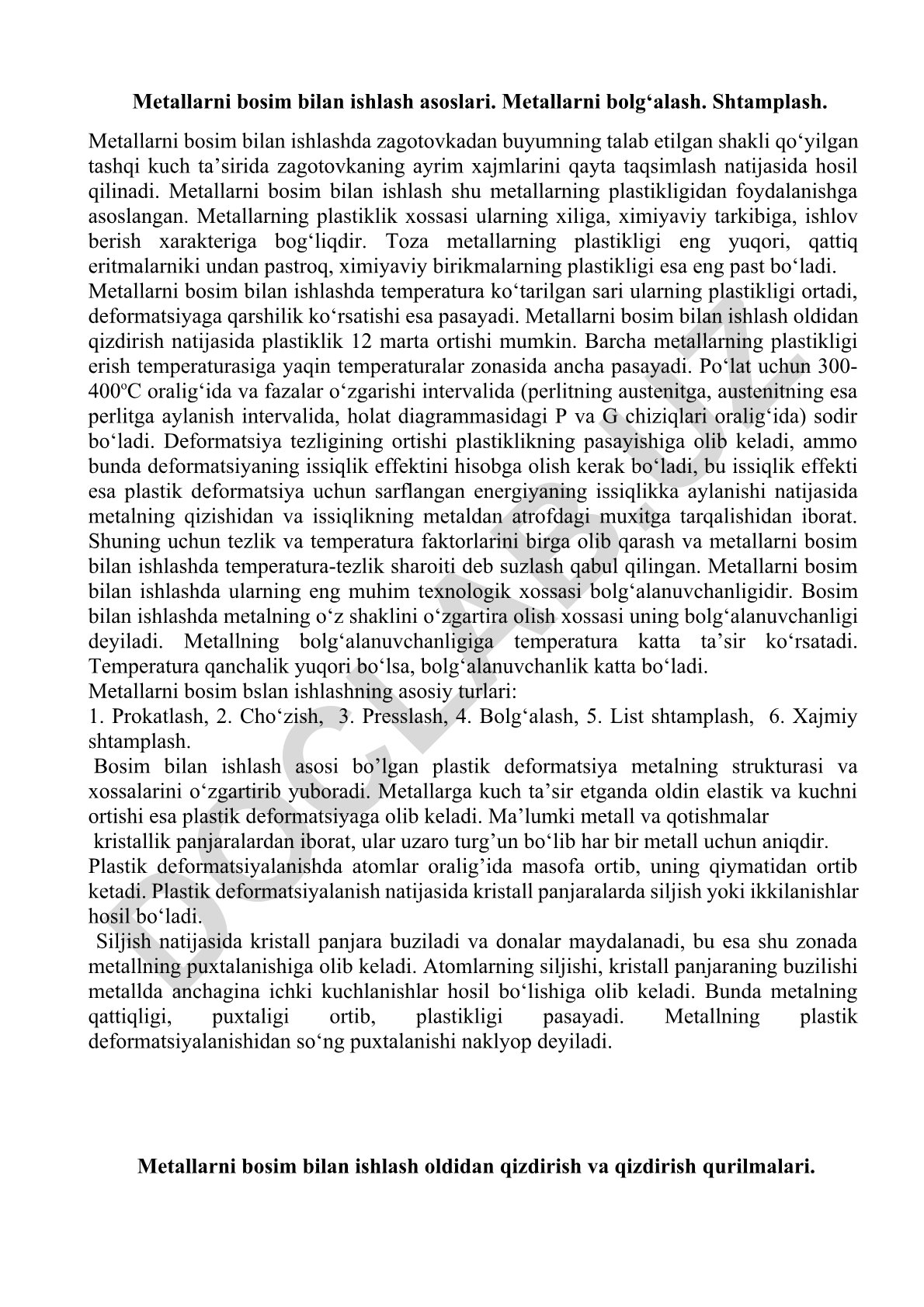 Metallarni bosim bilan ishlash asoslari va jarayonlari