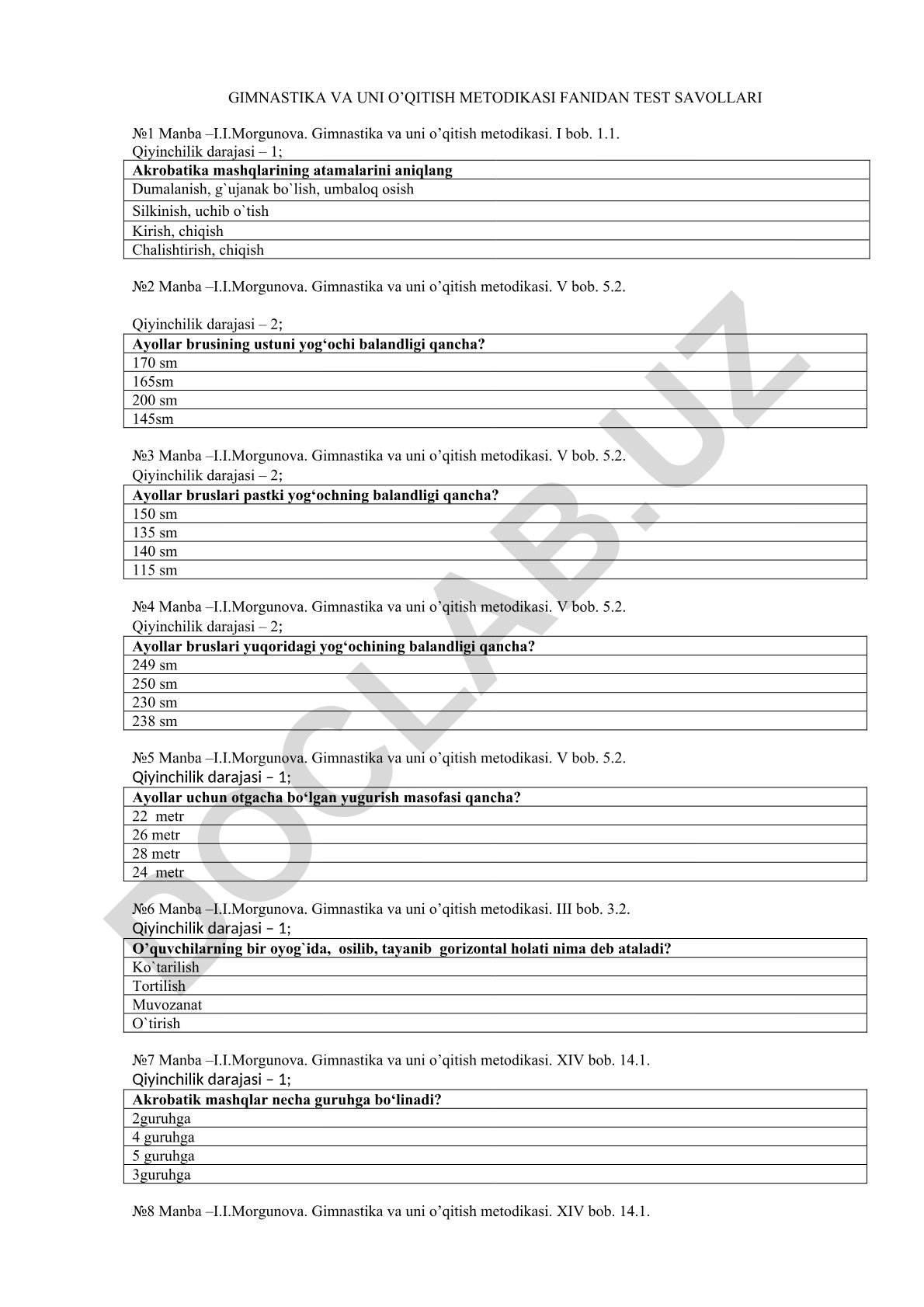 Gimnastika va uni o'qitish metodikasi fanidan test savollari