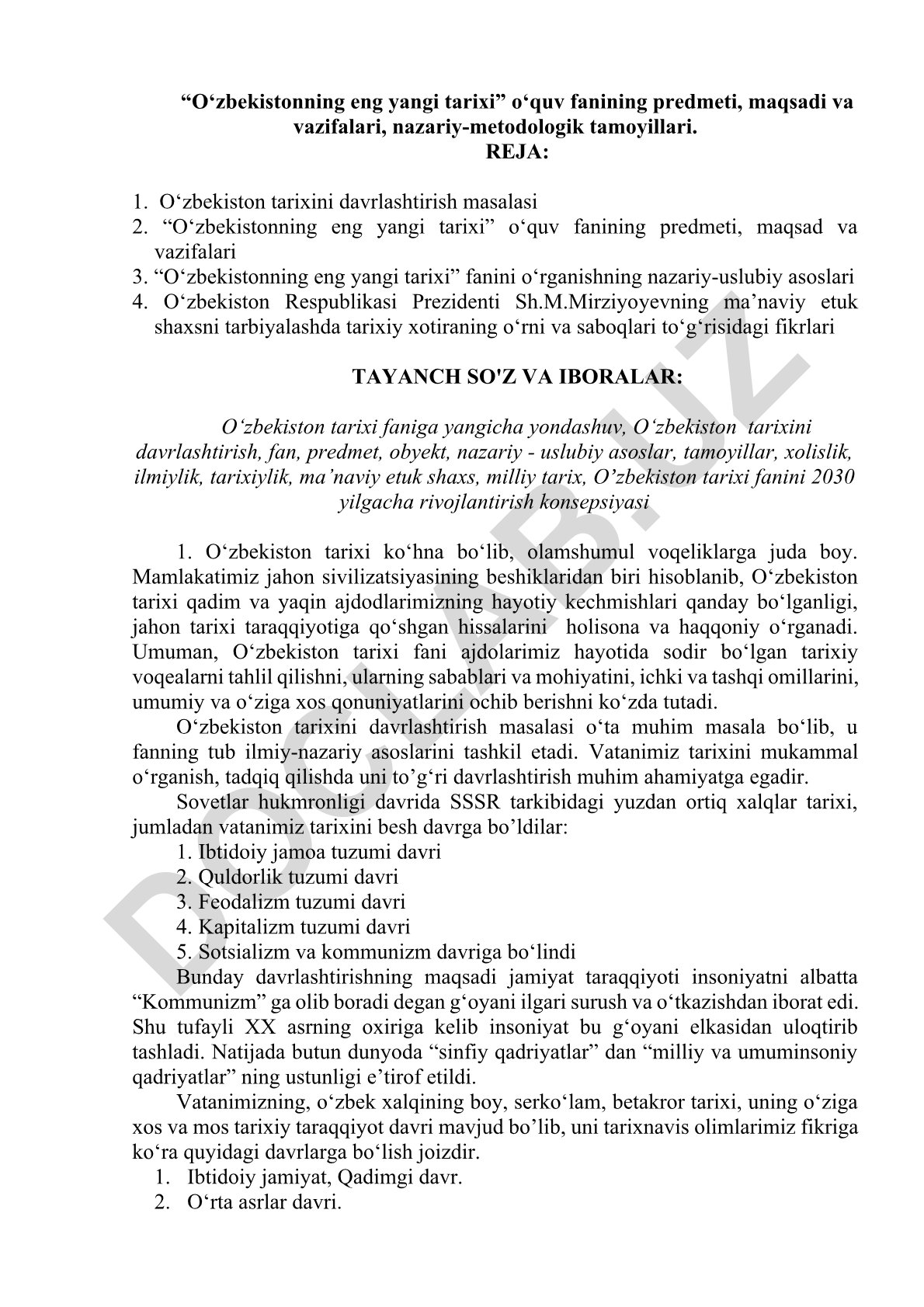 O‘zbekistonning eng yangi tarixi o‘quv fanining predmeti, maqsadi va vazifalari