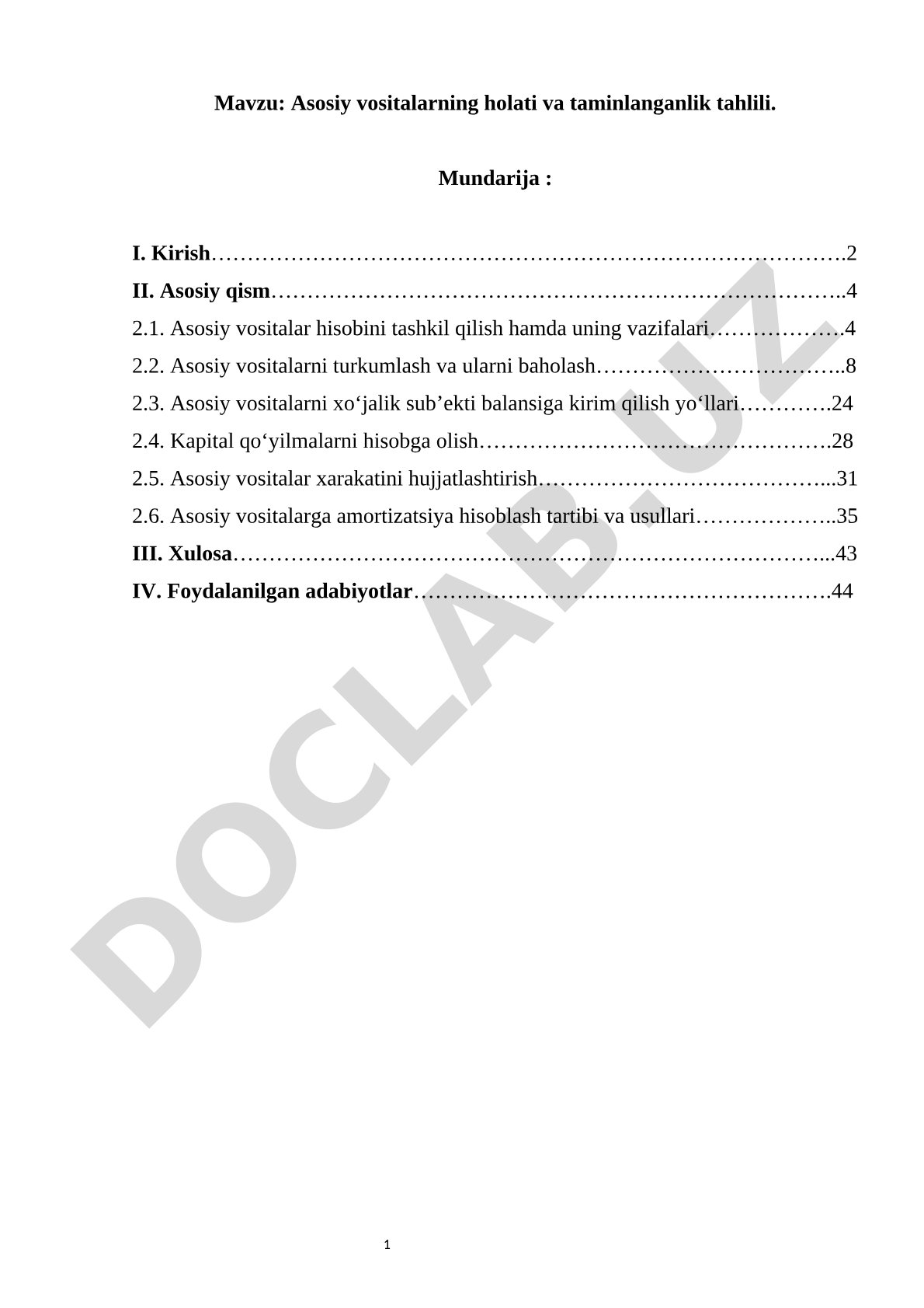 Asosiy vositalarning holati va taminlanganlik tahlili