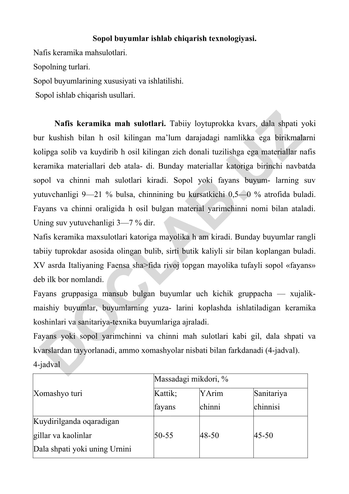 Sopol buyumlar ishlab chiqarish texnologiyasi va nafis keramika mahsulotlari