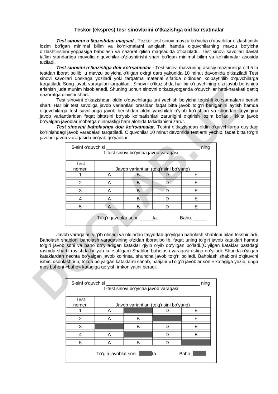 Teskor test sinovlarini o‘tkazish bo‘yicha ko‘rsatmalar