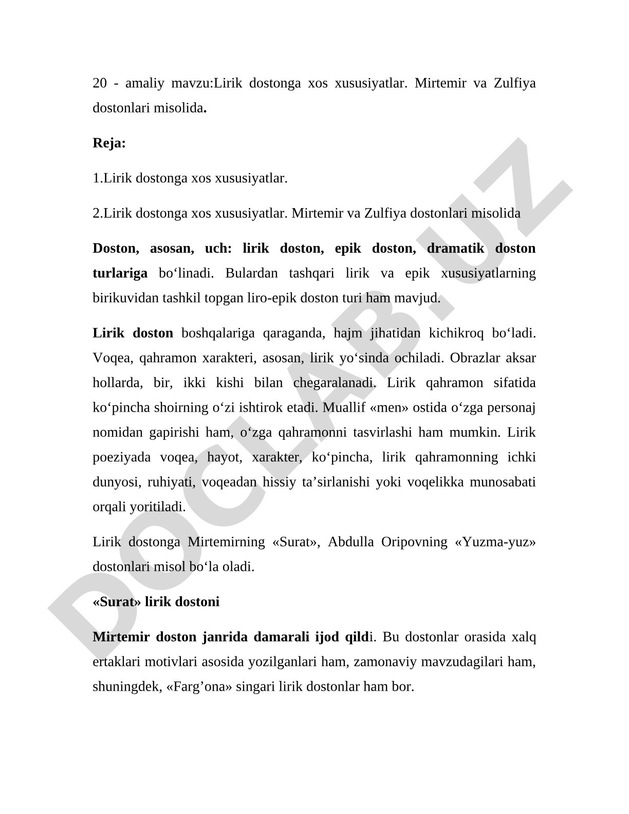 Lirik dostonga xos xususiyatlar. Mirtemir va Zulfiya dostonlari misolida