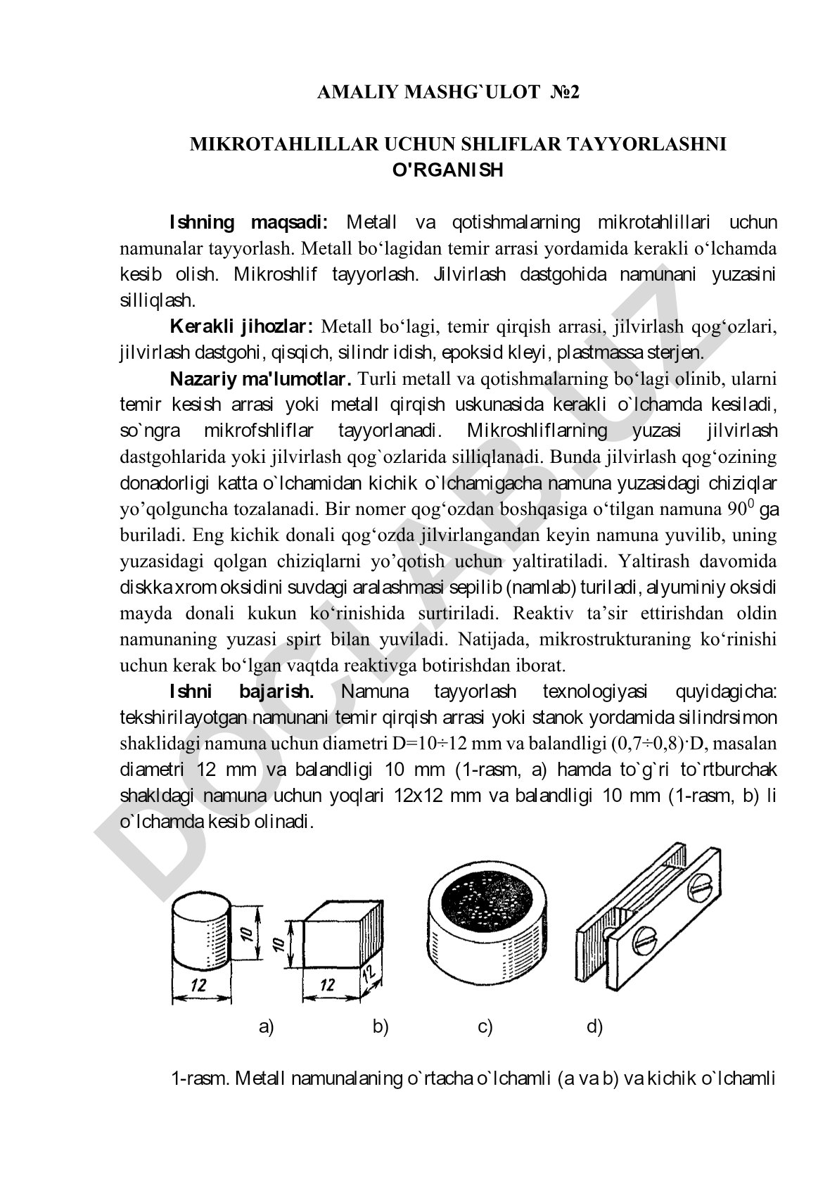 Metall va qotishmalar mikrotahlili uchun namunalar tayyorlash