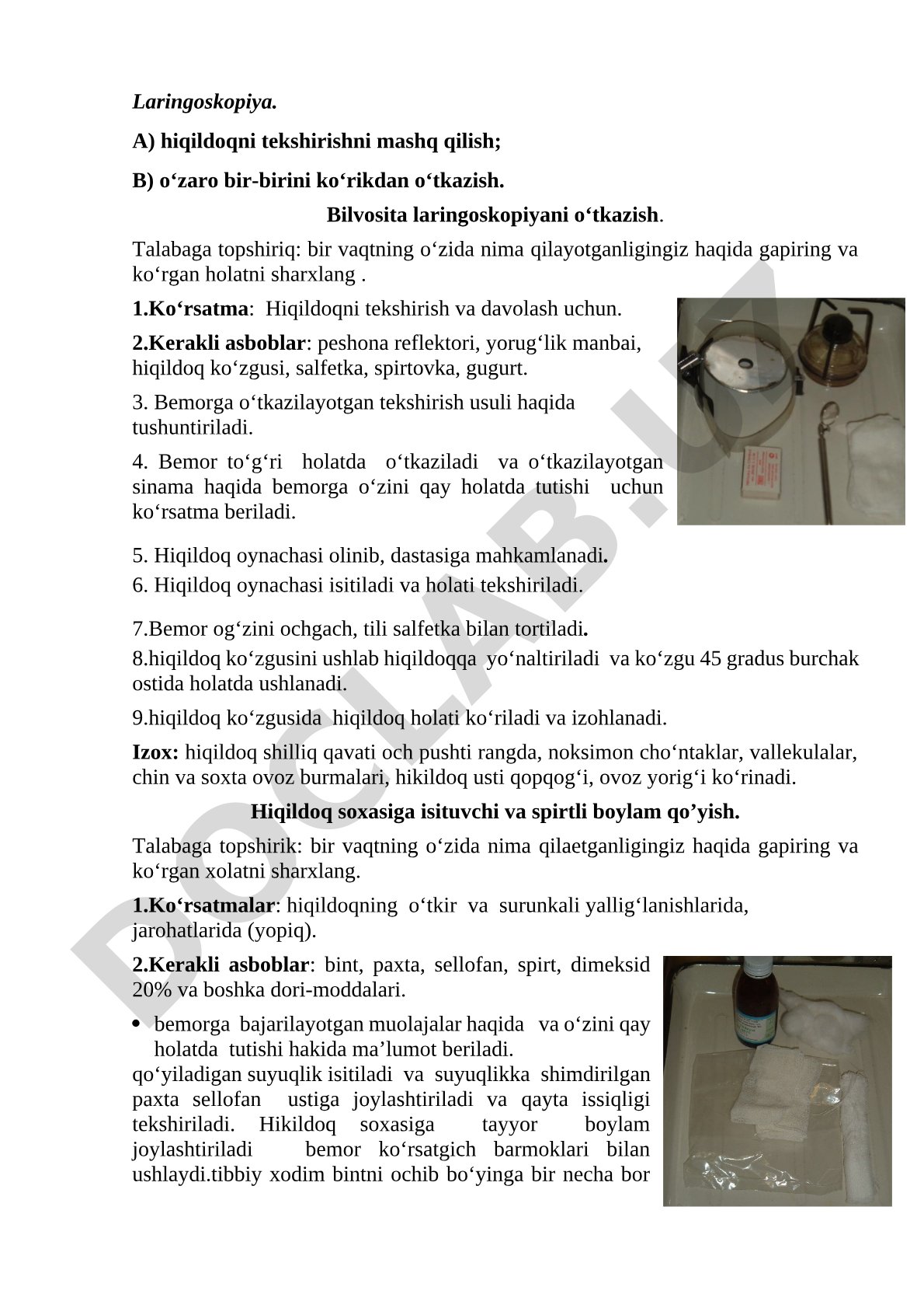 Bilvosita laringoskopiya o‘tkazish bosqichlari va kerakli asboblar tavsifi