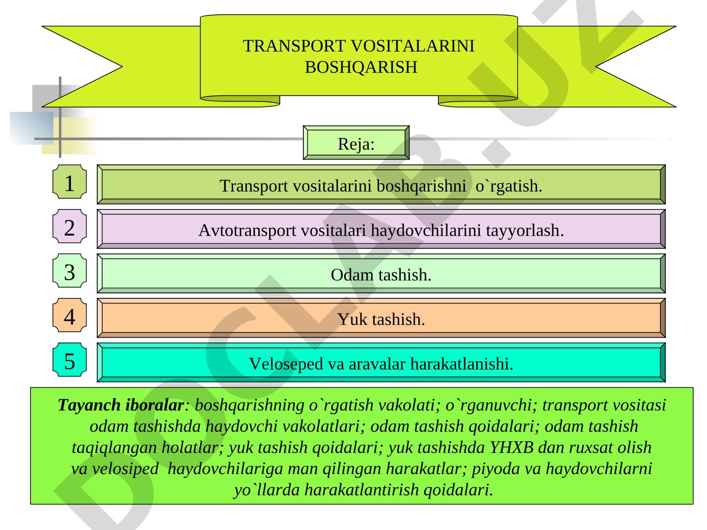 Transport vositalarini boshqarishni o'rgatish va yuk/odam tashish qoidalari