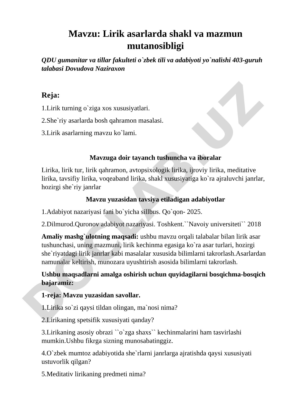 Lirik asarlarda shakl va mazmun mutanosibligi