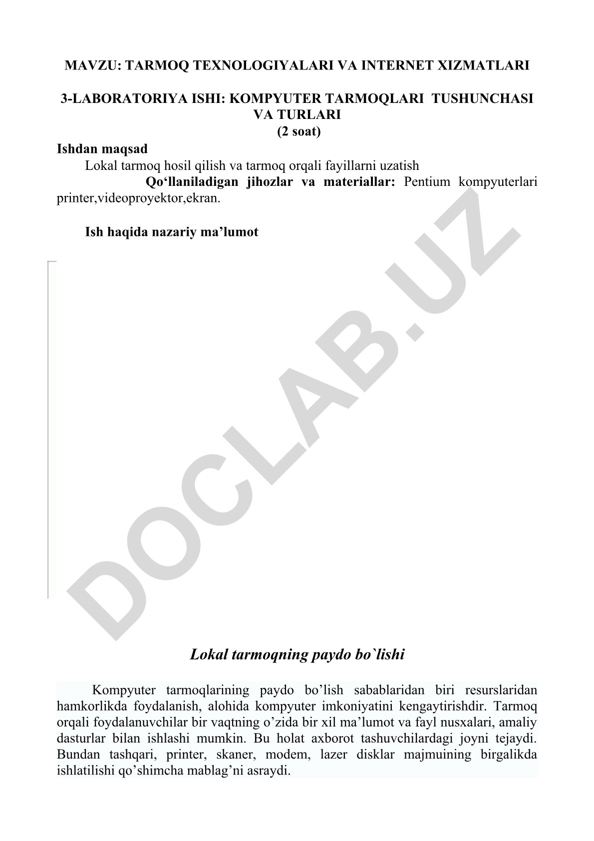Tarmoq texnologiyalari va internet xizmatlari 3-laboratoriya ishi: Kompyuter tarmoqlari tushunchasi va turlari