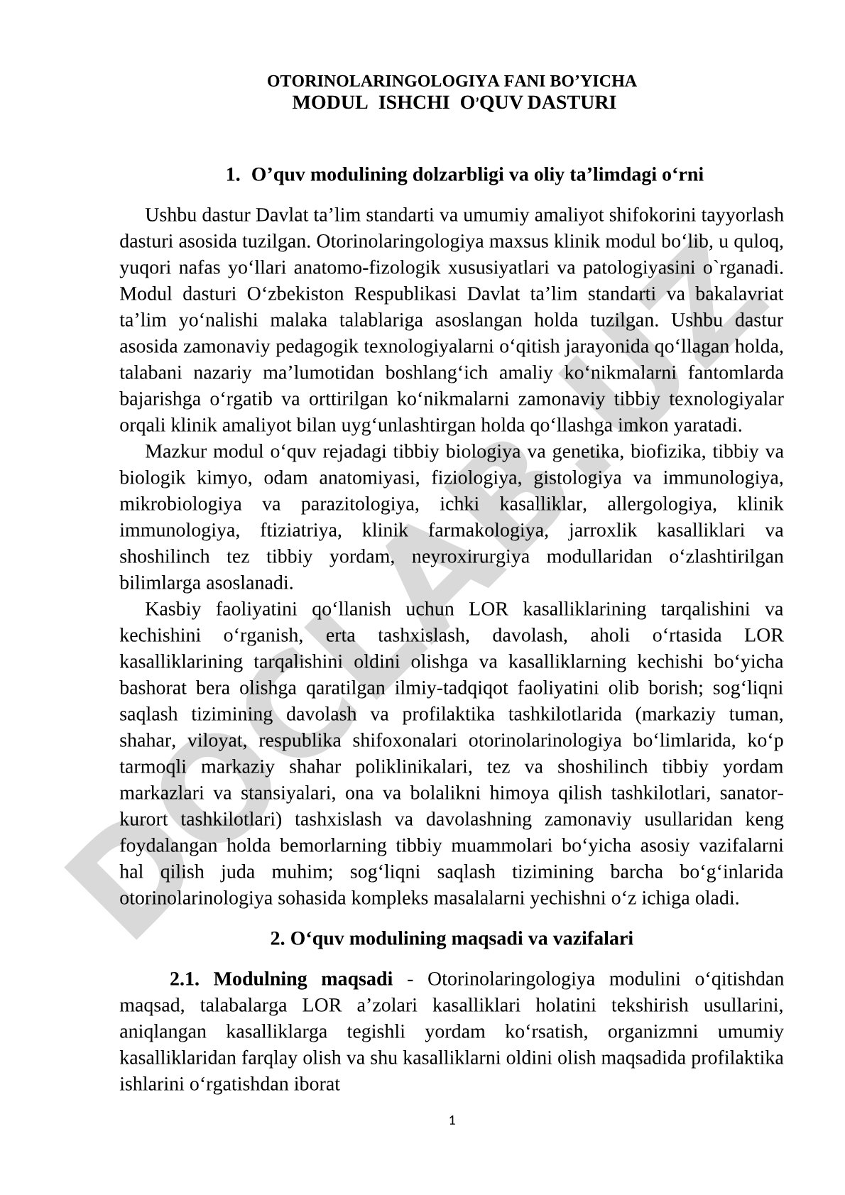 Otorinolaringologiya fani bo’yicha modul ishchi o’quv dasturi