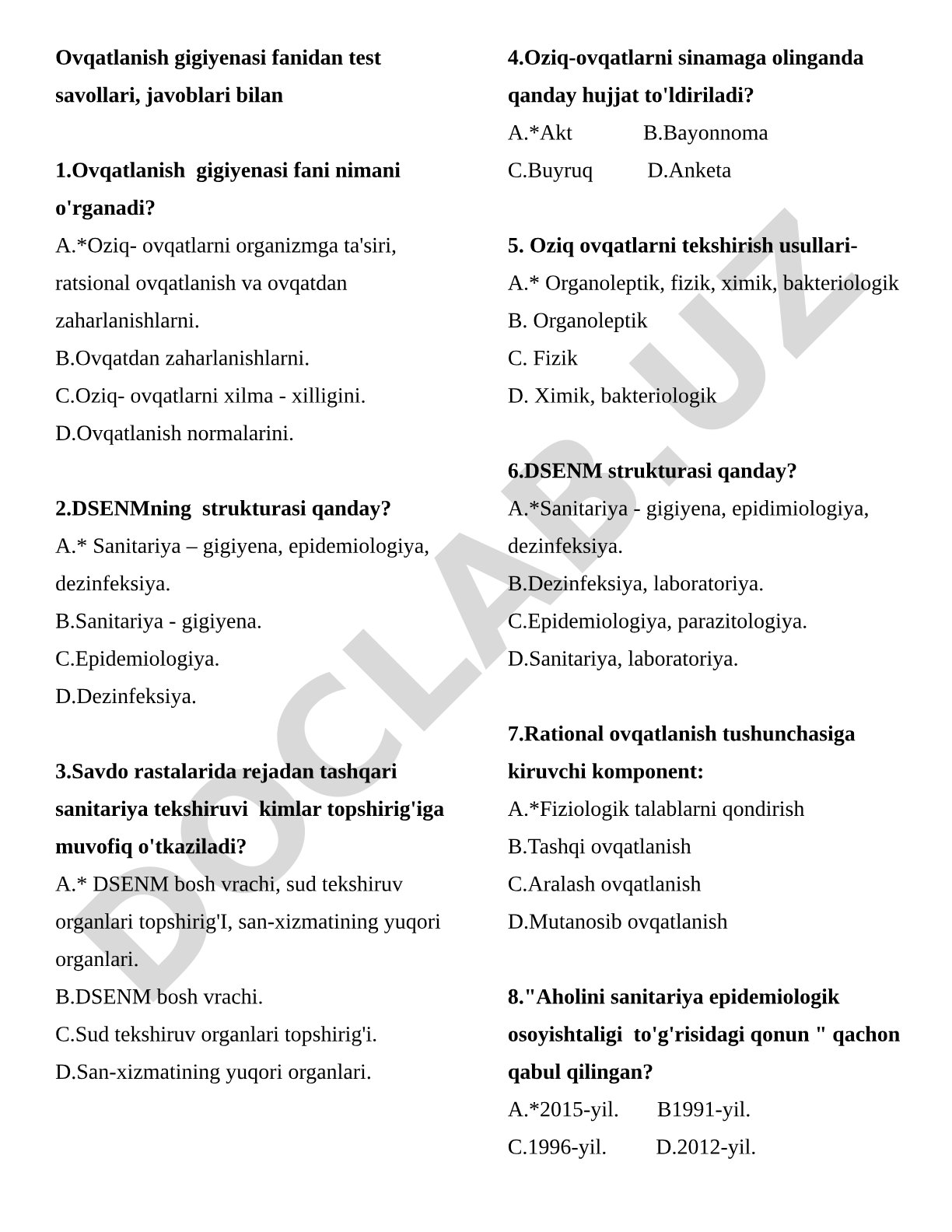 Ovqatlanish gigiyenasi fanidan test savollari