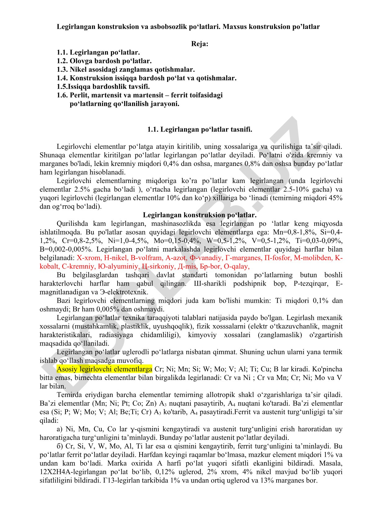 Legirlangan konstruksion va asbobsozlik po‘latlari