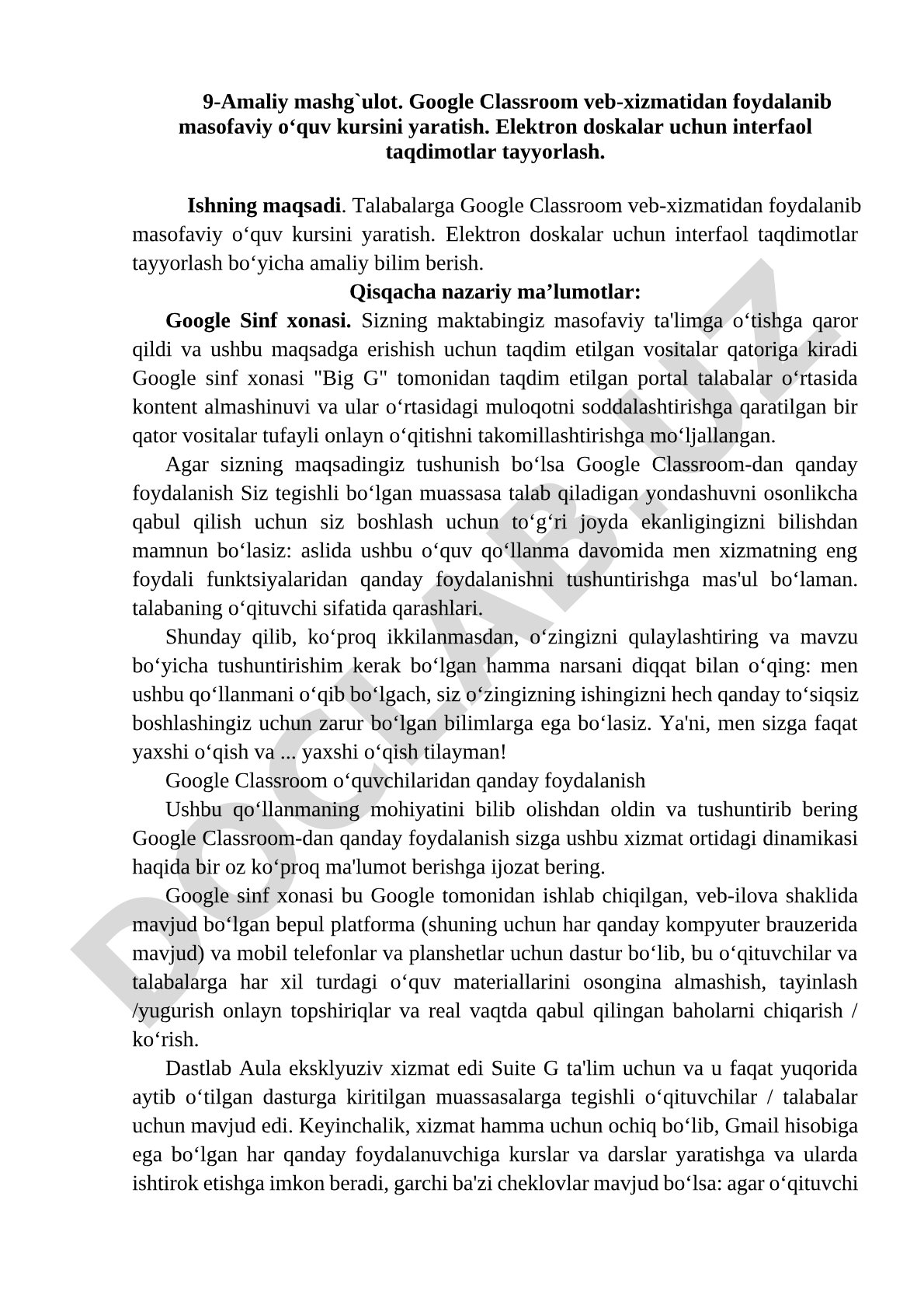 Google Classroom veb-xizmatidan foydalanib masofaviy o‘quv kursini yaratish