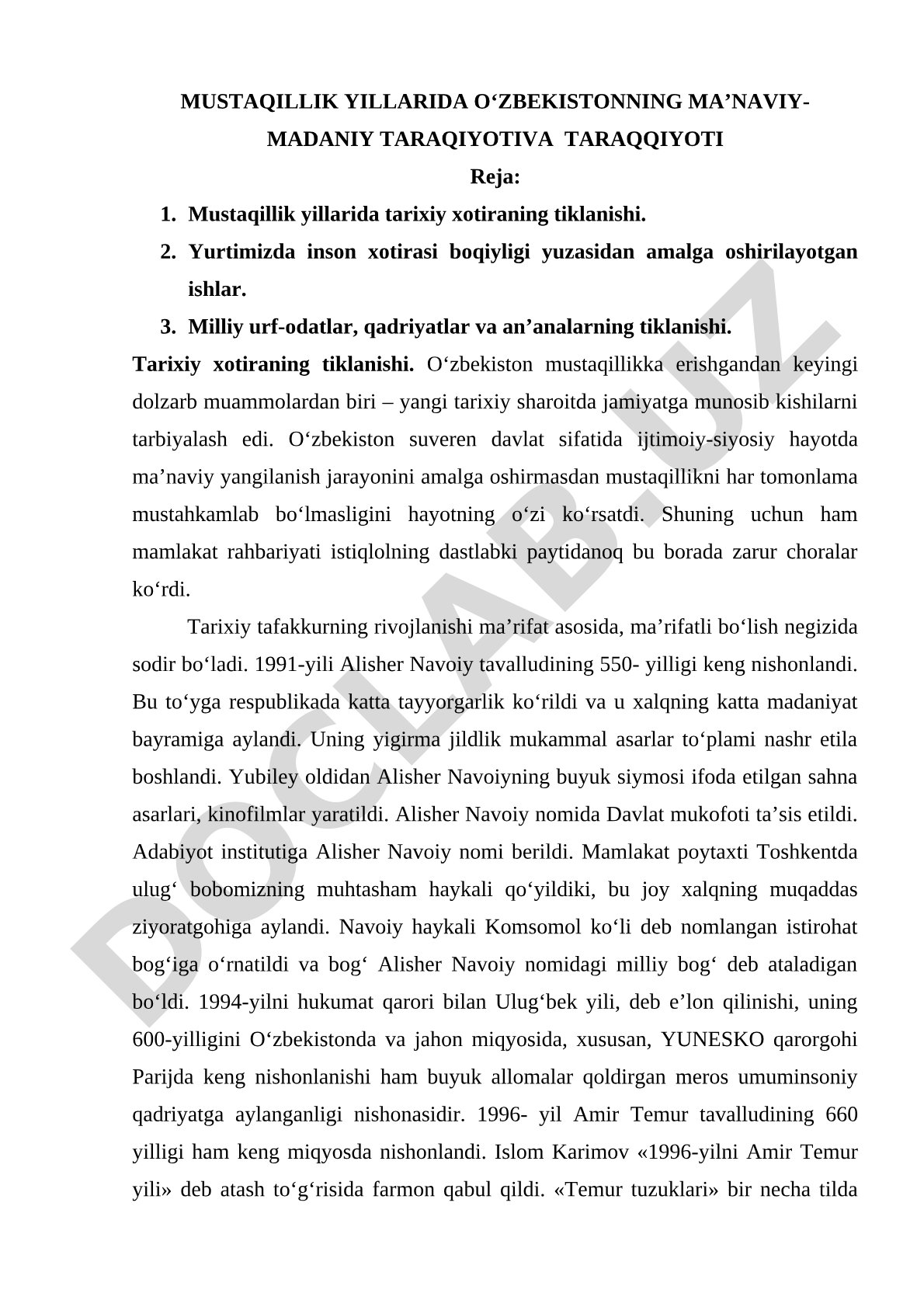 Mustaqillik yillarida O‘zbekistonning ma’naviy-madaniy taraqiyoti va taraqqiyoti