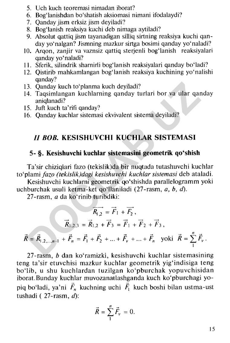 Kesishuvchi kuchlar sistemasi va bog'lanish reaksiyalari