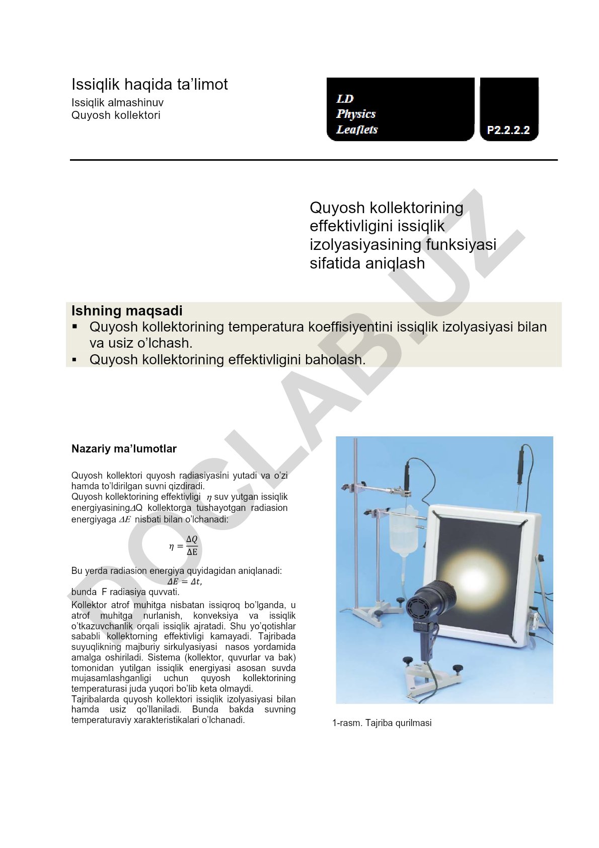 Quyosh kollektorining effektivligini issiqlik izolyasiyasi orqali aniqlash