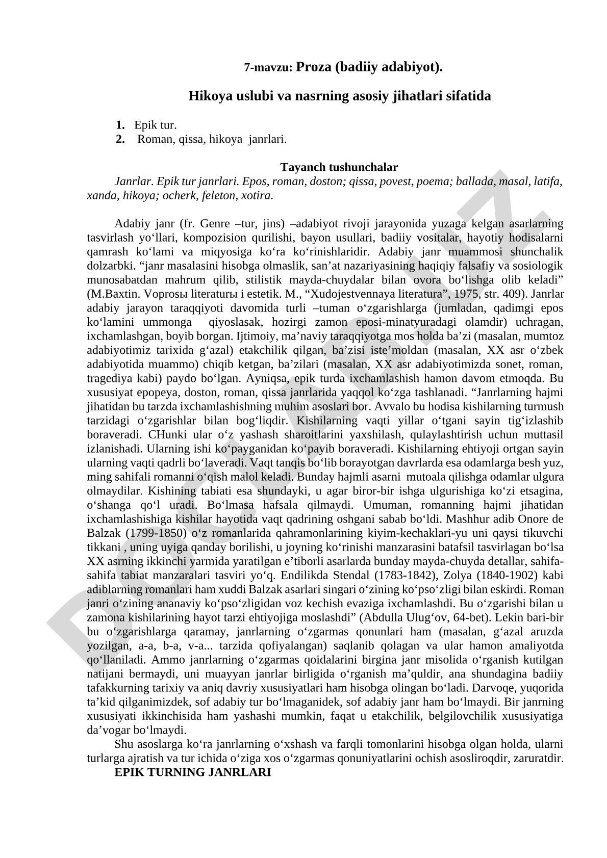 Proza (badiiy adabiyot) va epik tur janrlari