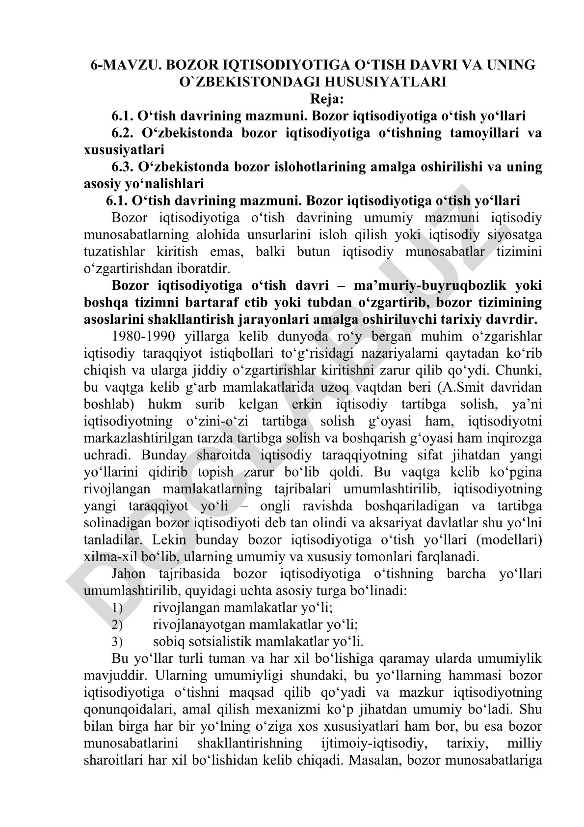 Bozor iqtisodiyotiga o‘tish davri va uning O‘zbekistondagi hususiyatlari