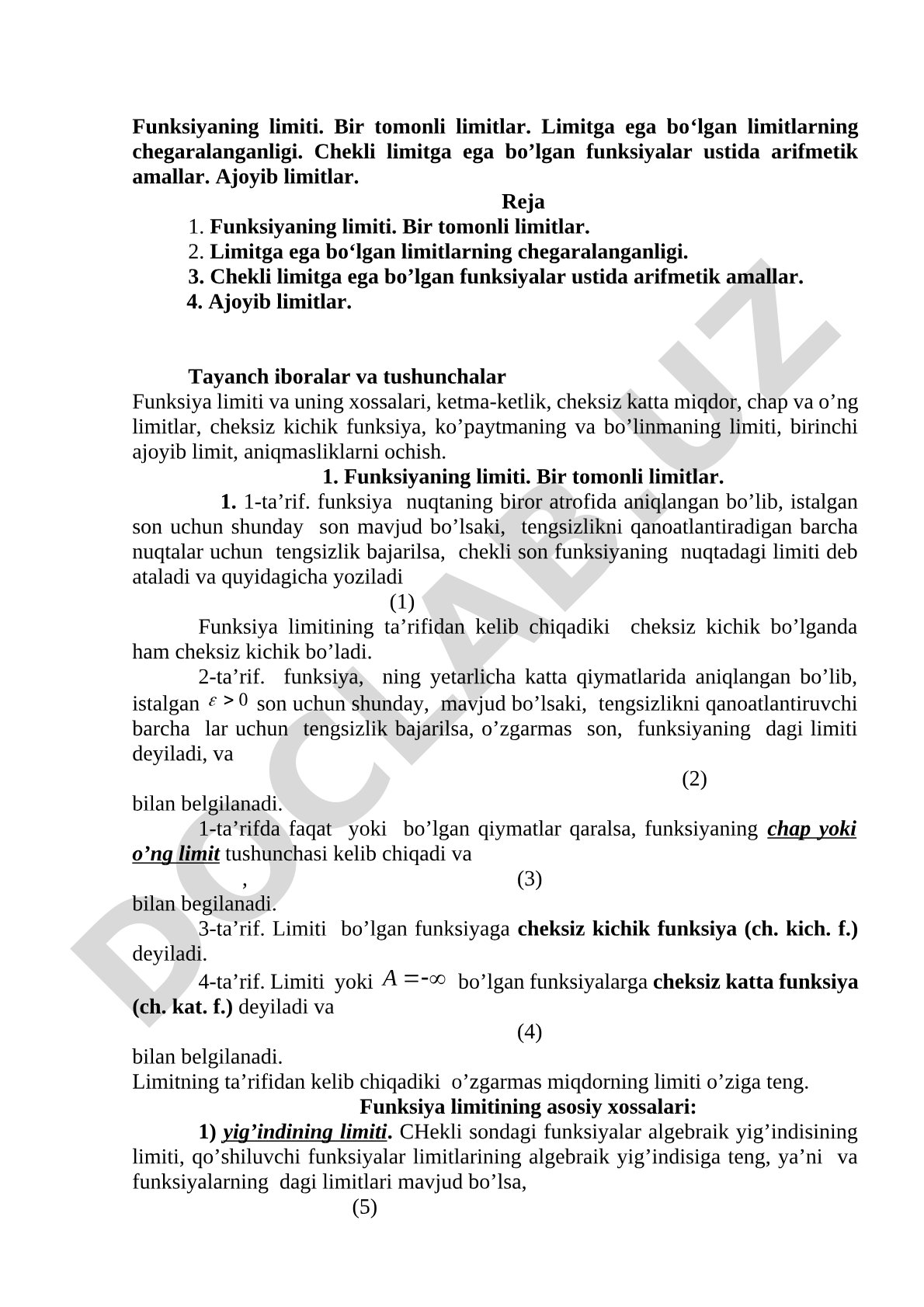 Funksiyaning limiti. Bir tomonli limitlar. Ajoyib limitlar