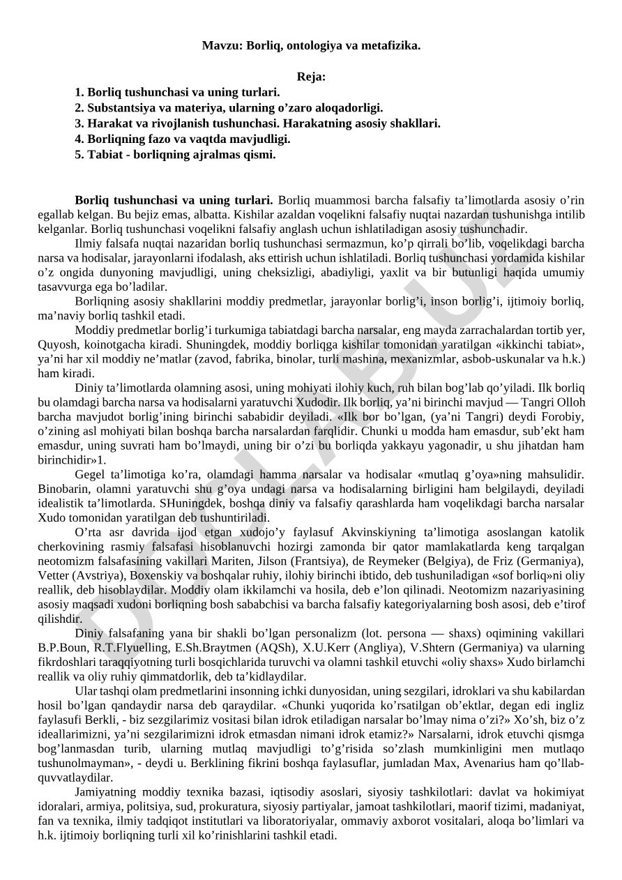 Borliq, ontologiya va metafizika
