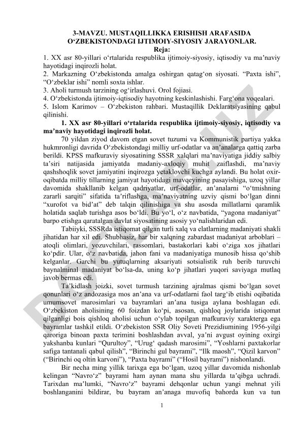 Mustaqillikka erishish arafasida O‘zbekistondagi ijtimoiy-siyosiy jarayonlar