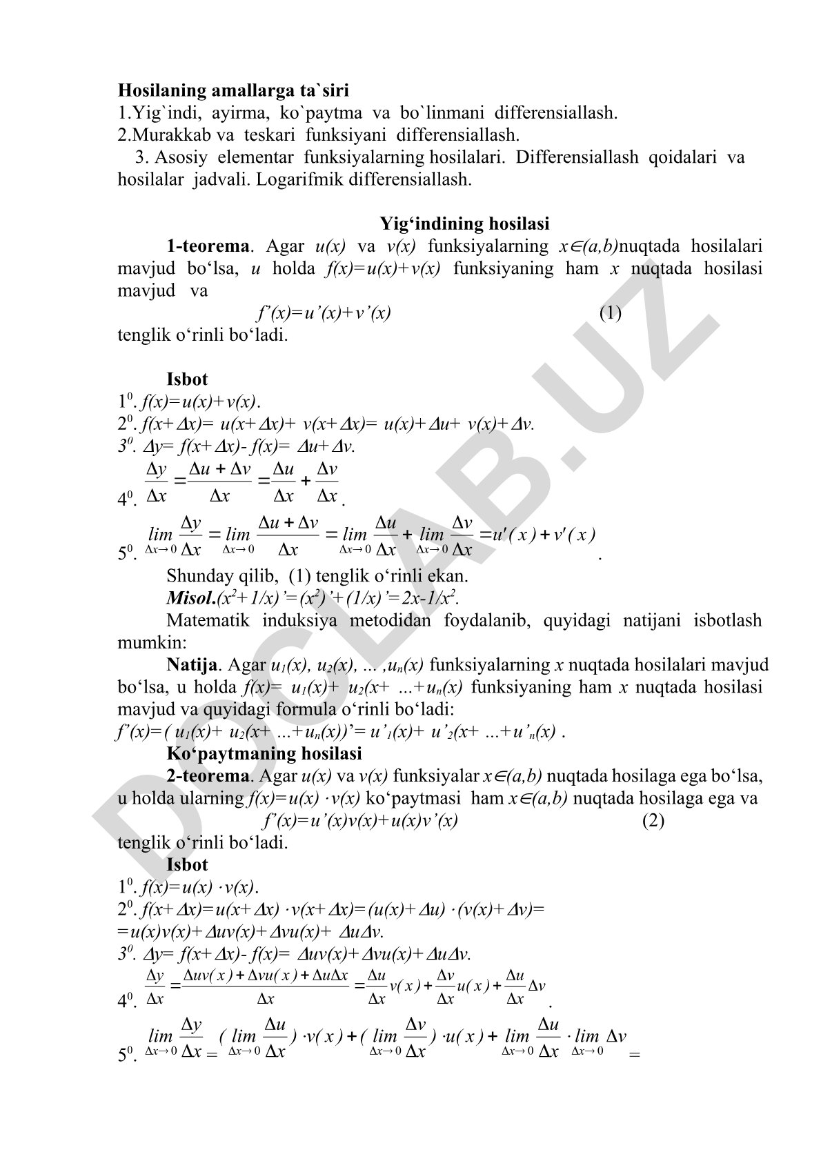 Hosilaning amallarga ta'siri va differensiallash qoidalari