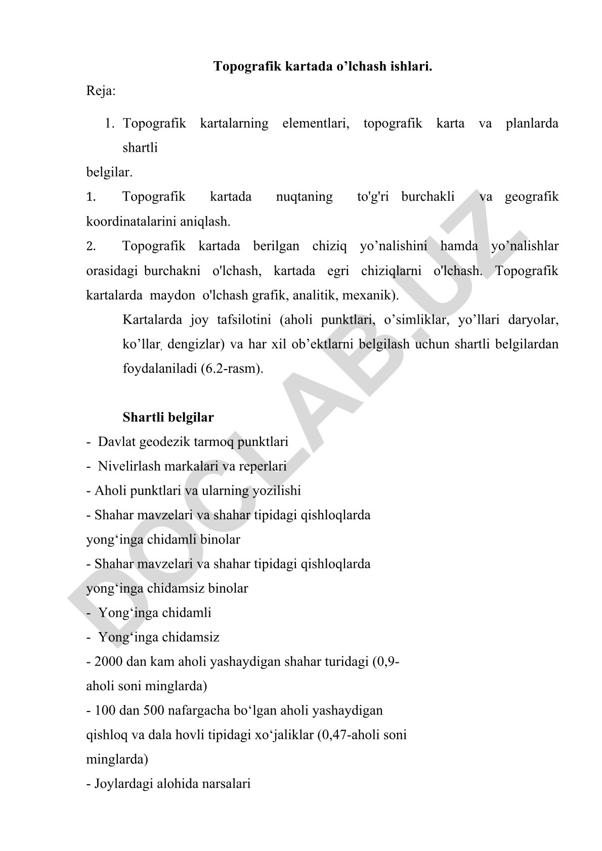 Topografik kartada o'lchash ishlari va shartli belgilar