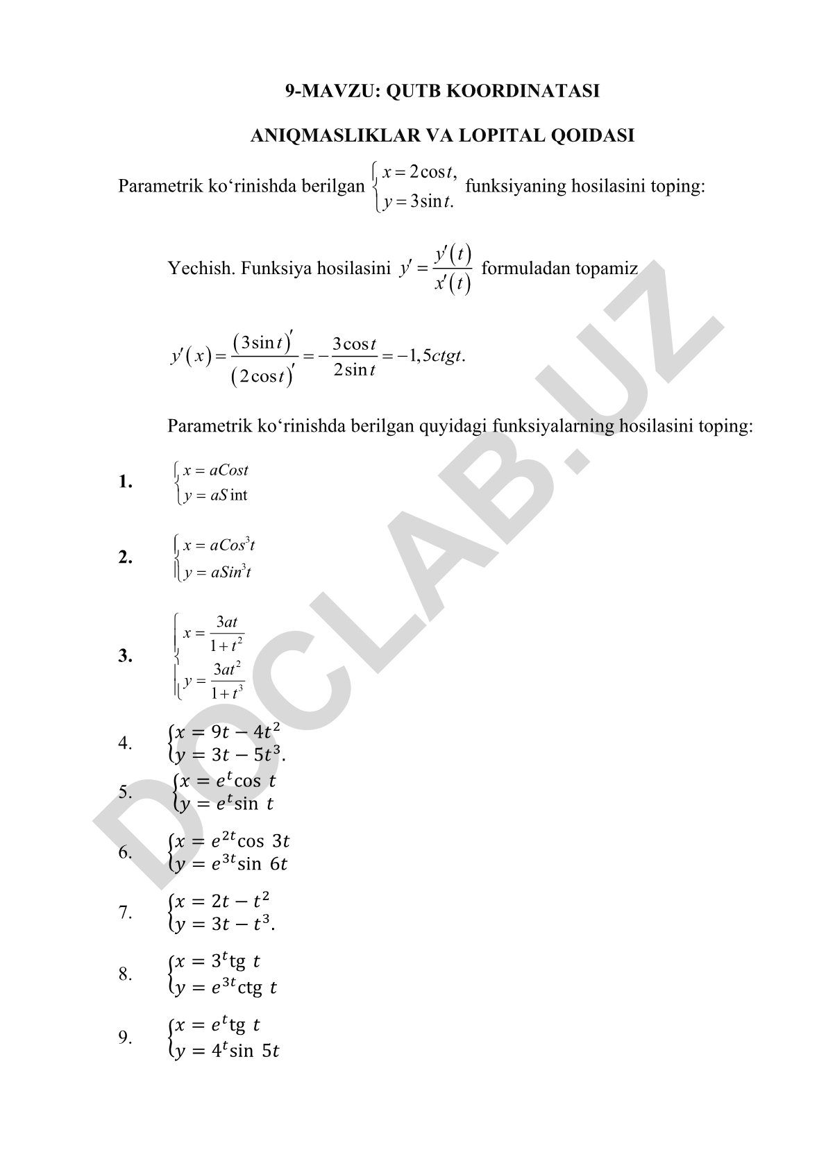Parametrik funksiyalar hosilasi va Lopital qoidasi
