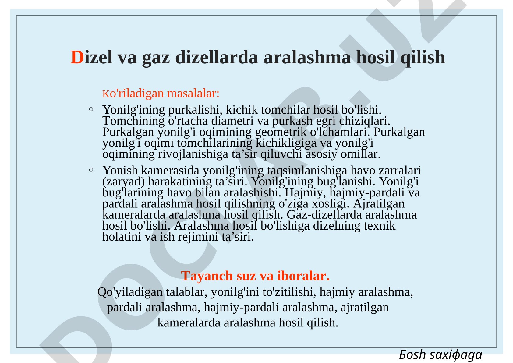 Dizel va gaz dizellarda aralashma hosil qilish