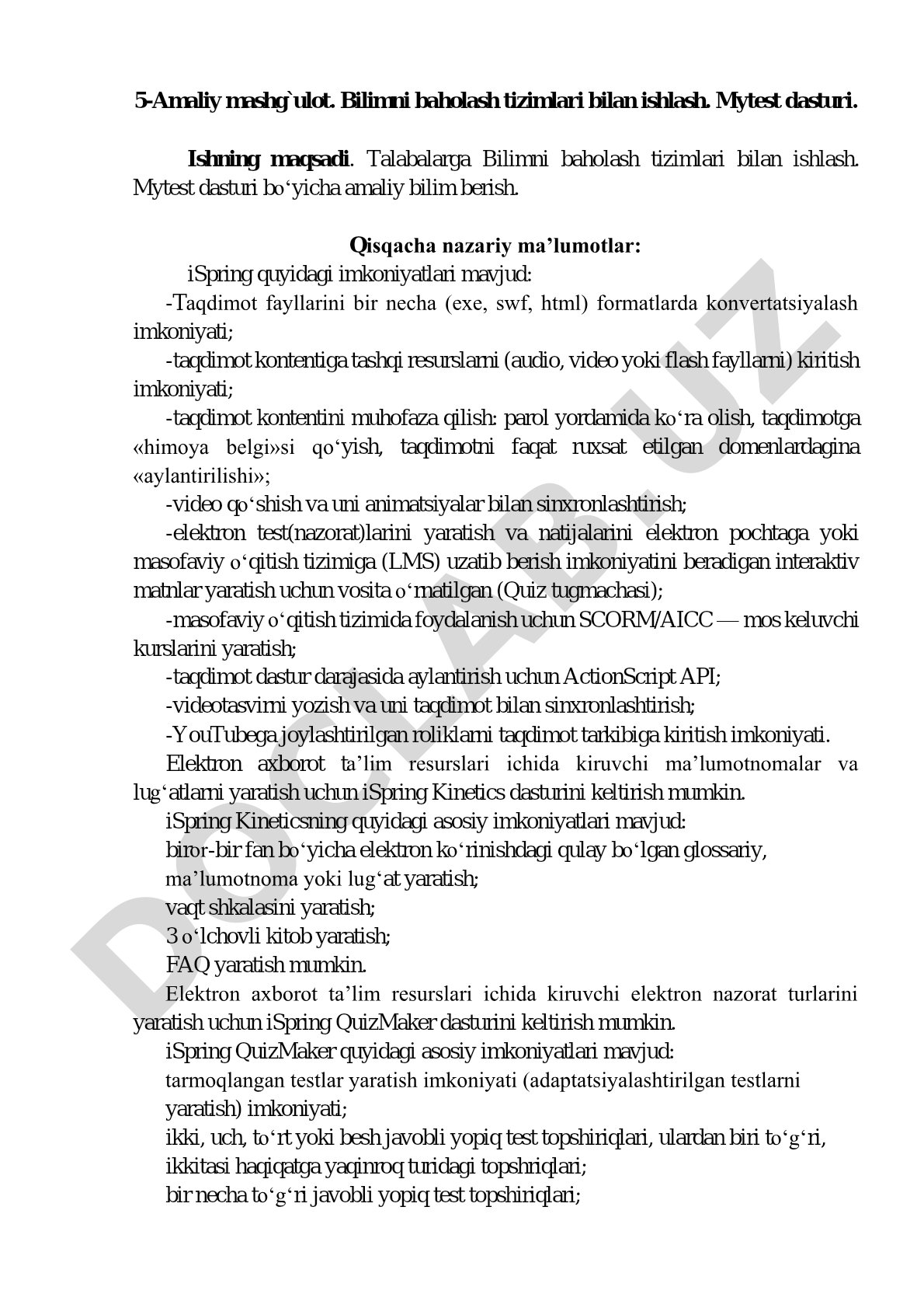 Bilimni baholash tizimlari bilan ishlash. Mytest dasturi