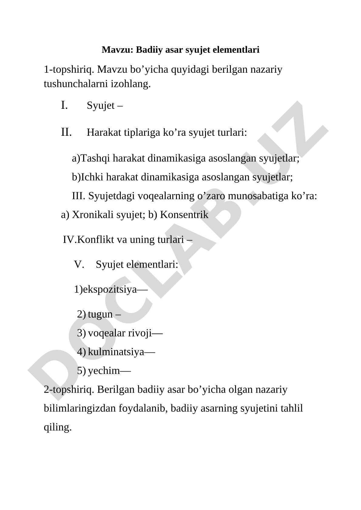 Badiiy asar syujet elementlari 1-topshiriq