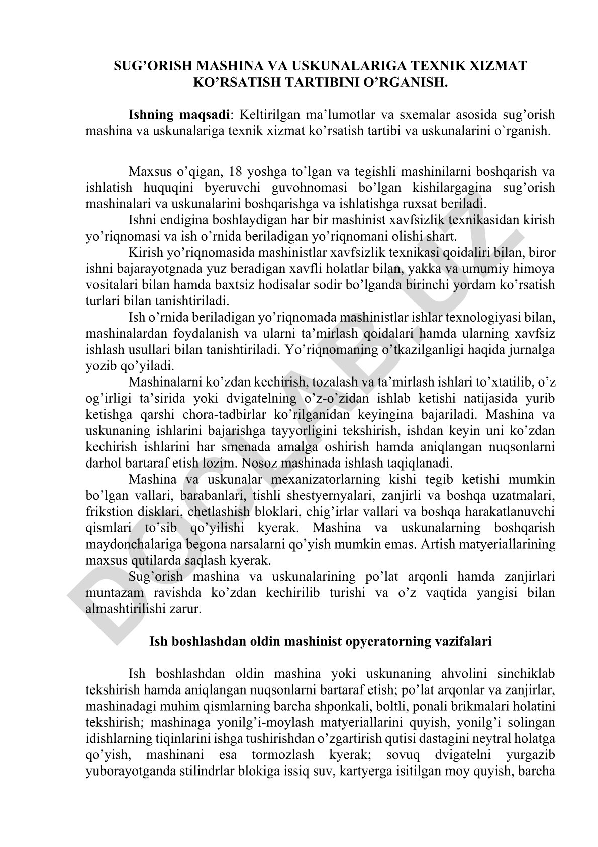 Sug'orish mashina va uskunalariga texnik xizmat ko'rsatish tartibi
