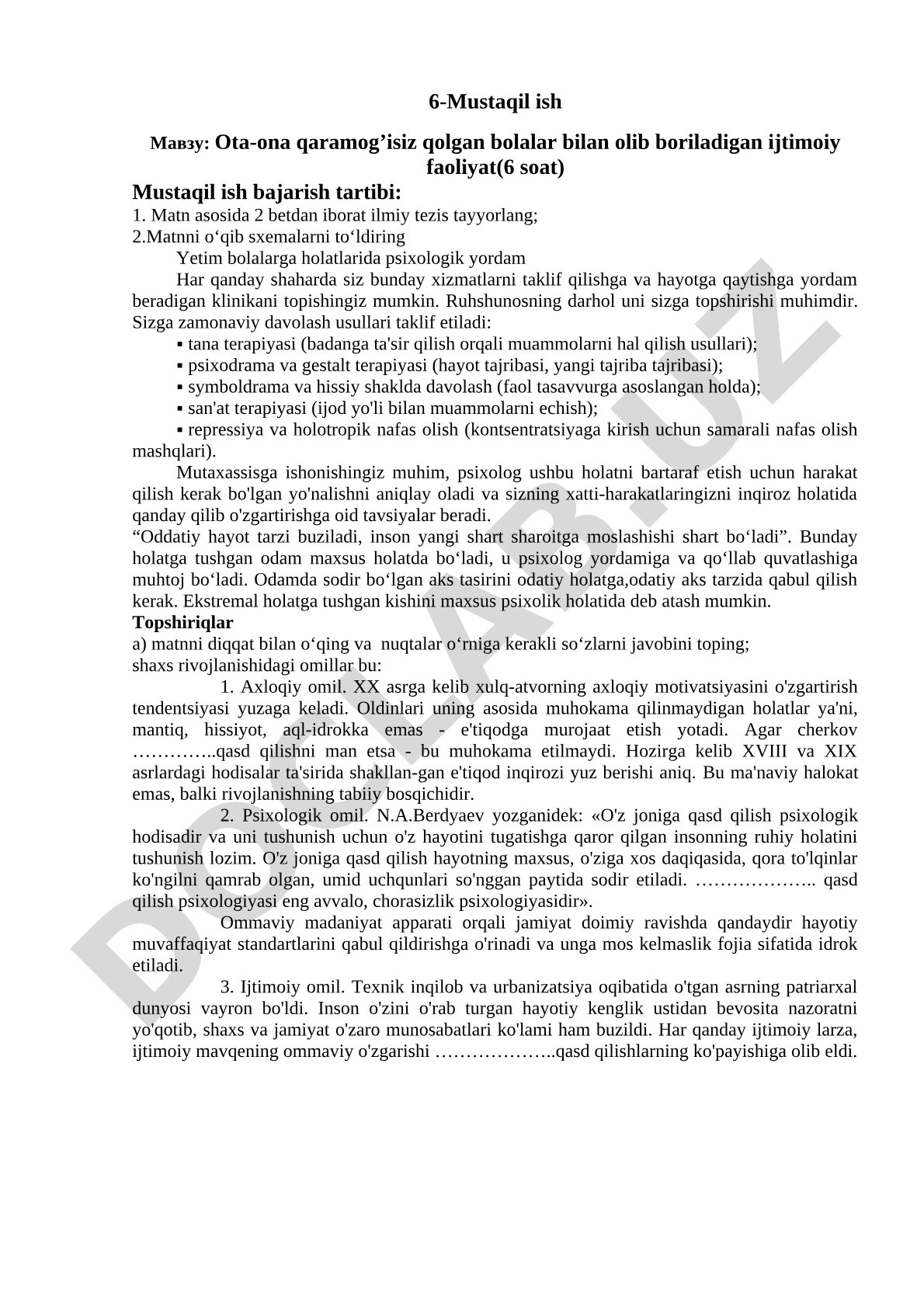 Ota-ona qaramog'isiz qolgan bolalar bilan olib boriladigan ijtimoiy faoliyat