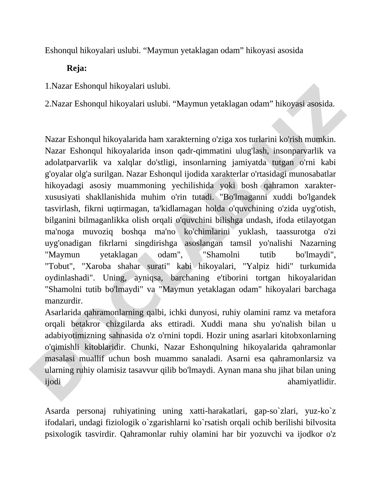 Eshonqul hikoyalari uslubi. 'Maymun yetaklagan odam' hikoyasi asosida