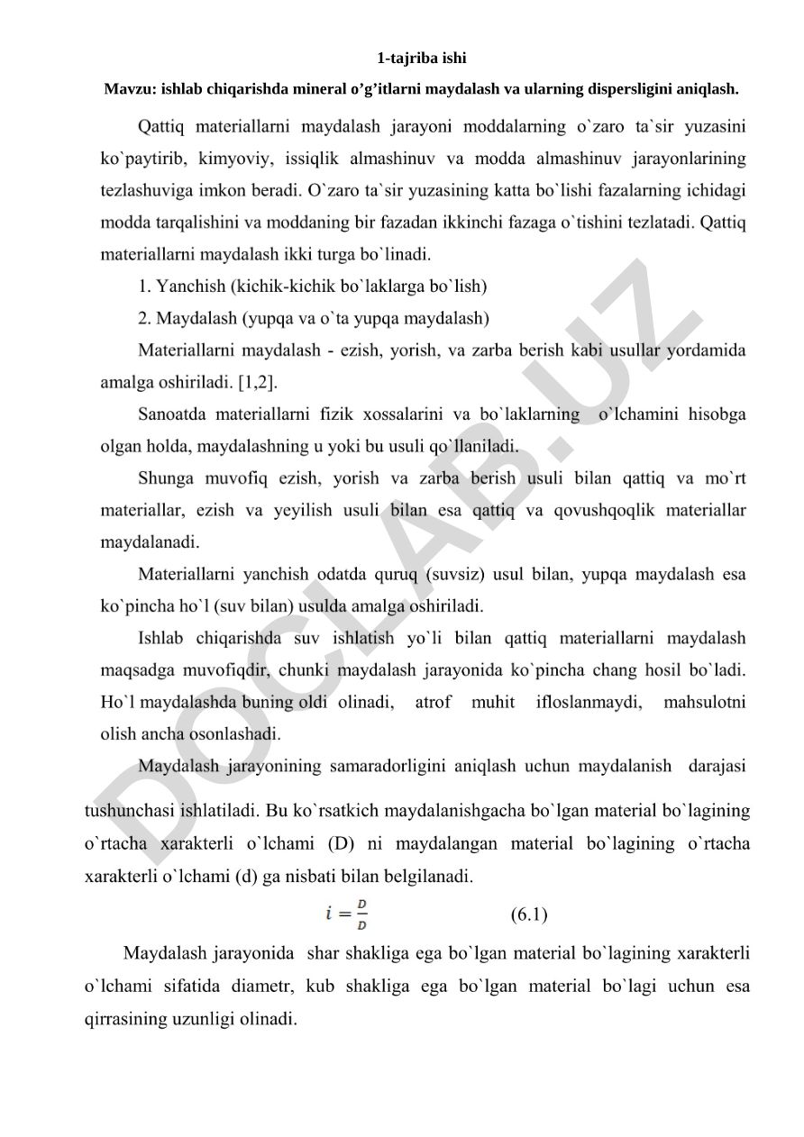 Ishlab chiqarishda mineral o’g’itlarni maydalash va ularning dispersligini aniqlash
