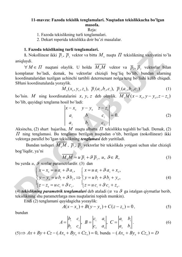 Fazoda tekislik tenglamalari va nuqtadan tekislikkacha bo'lgan masofa