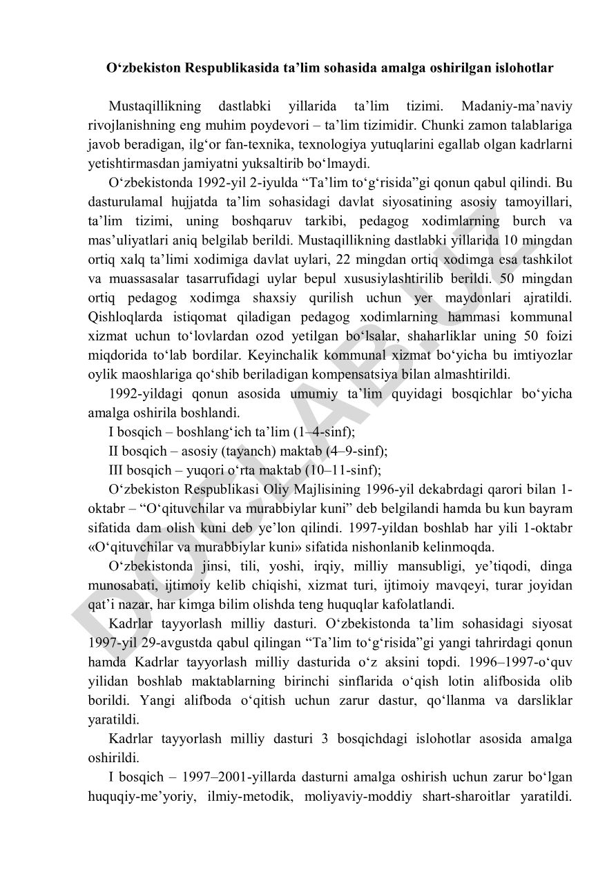 O‘zbekistonda ta’lim sohasidagi islohotlar va ularning ahamiyati