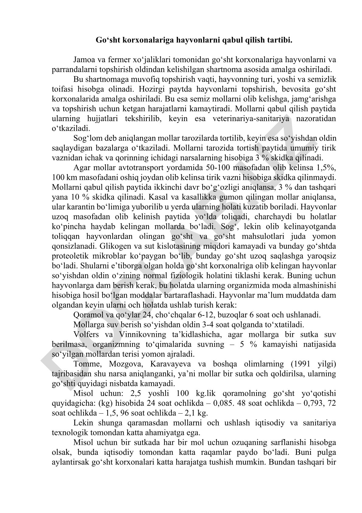 Go‘sht korxonalariga hayvonlarni qabul qilish tartibi
