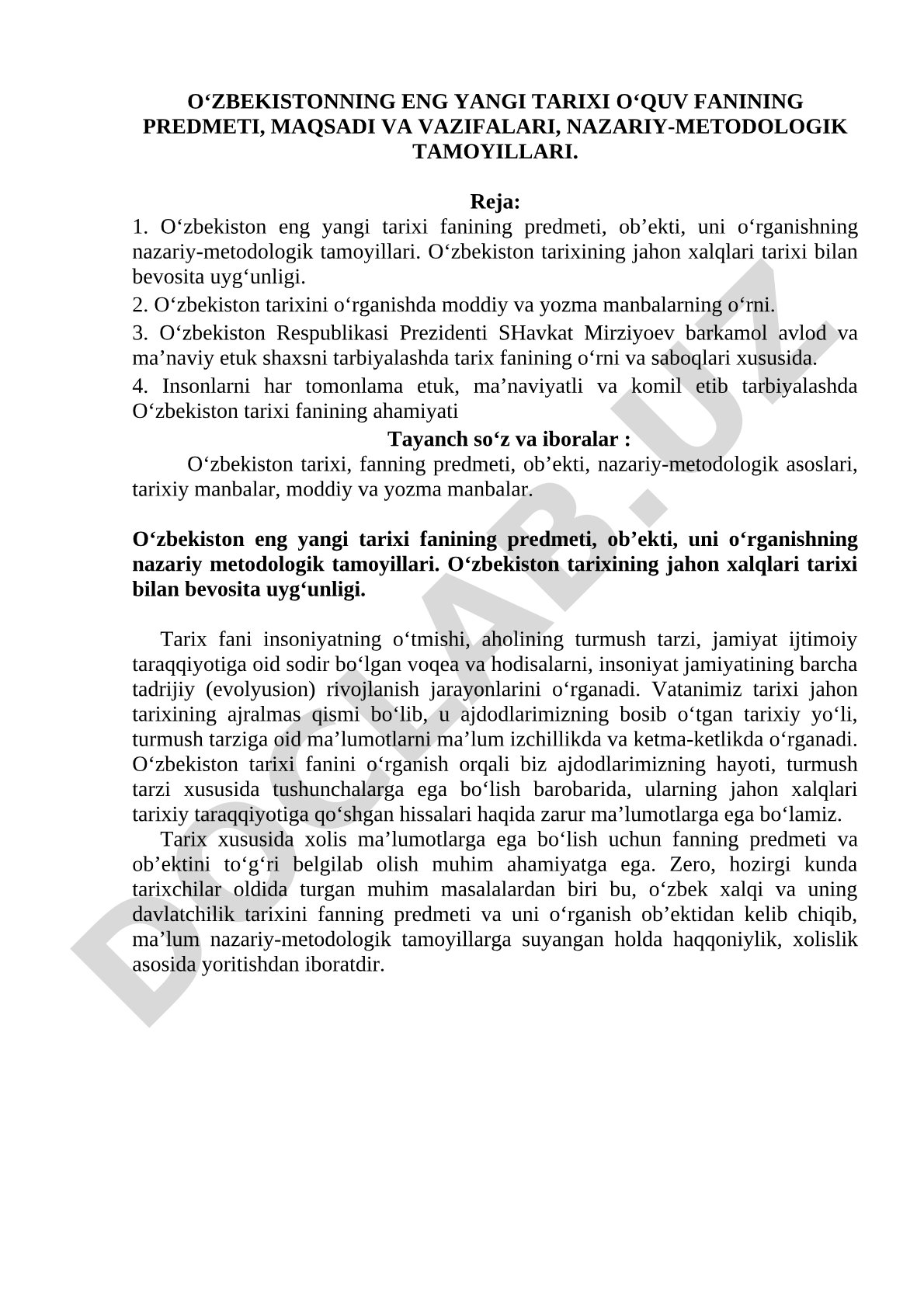 O‘zbekistonning eng yangi tarixi o‘quv fanining predmeti, maqsadi va vazifalari, nazariy-metodologik tamoyillari