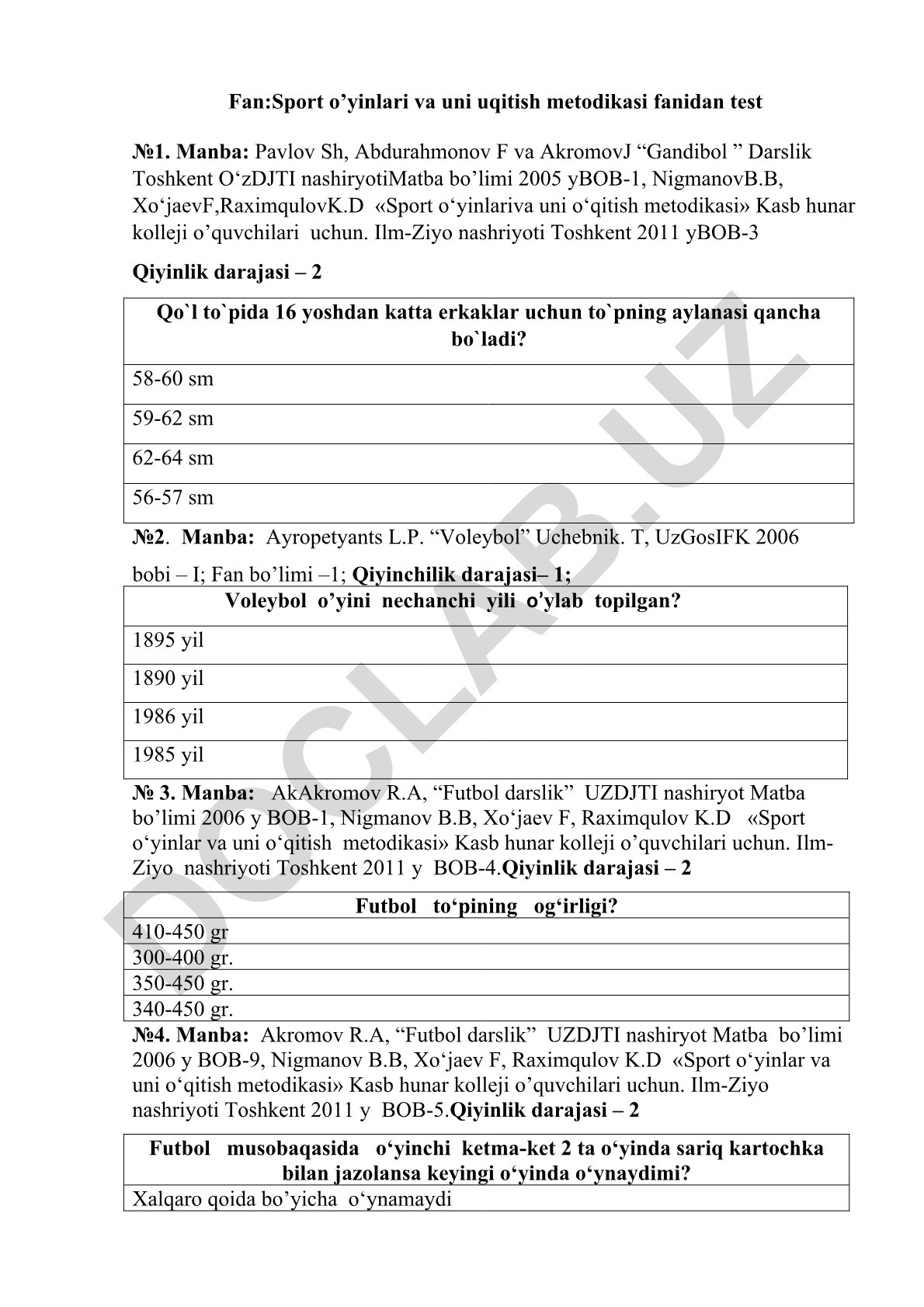 Sport o'yinlari va uni o'qitish metodikasi fanidan test №1