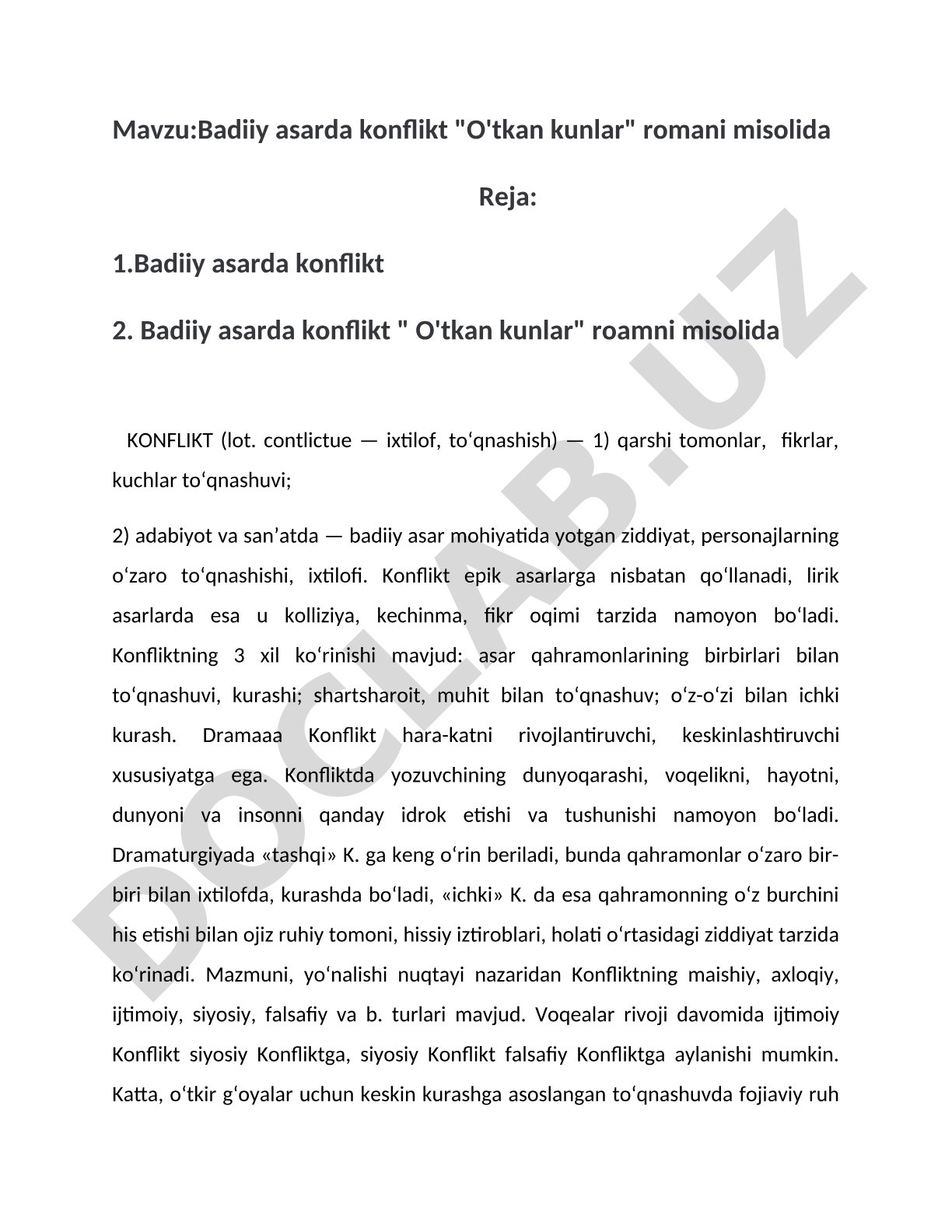 Badiiy asarda konflikt "O'tkan kunlar" romani misolida