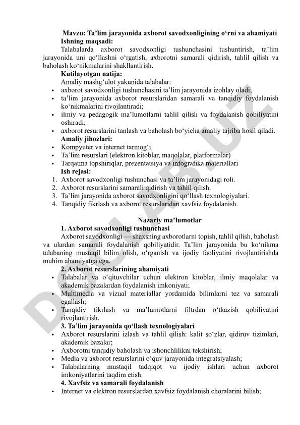 Ta’lim jarayonida axborot savodxonligining o‘rni va ahamiyati